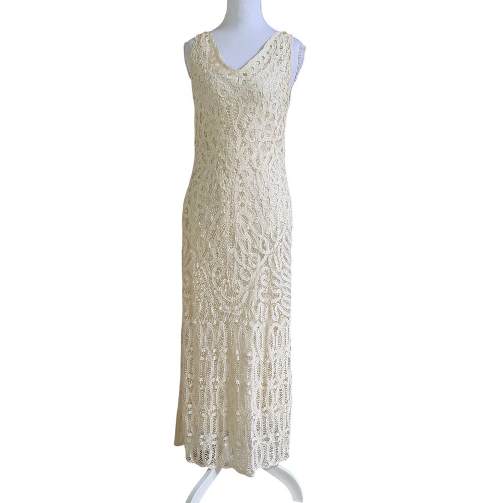 Carole Little Ivory Lace Crochet Maxi Dress Size 8 Bridal Wedding Boho Modest